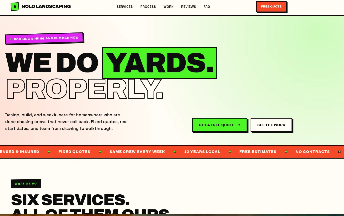 Screenshot of a bold, colorful landscaping website with large WE DO YARDS headline in black and green, generated by an AI agent from a single prompt